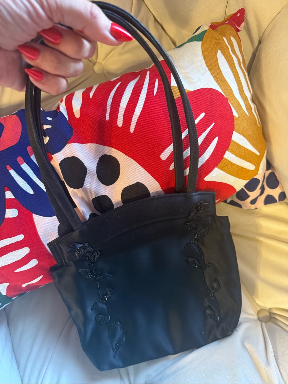 Y2K 90s Bloomingdale's Black Mini Bag Purse with Floral Appliqué